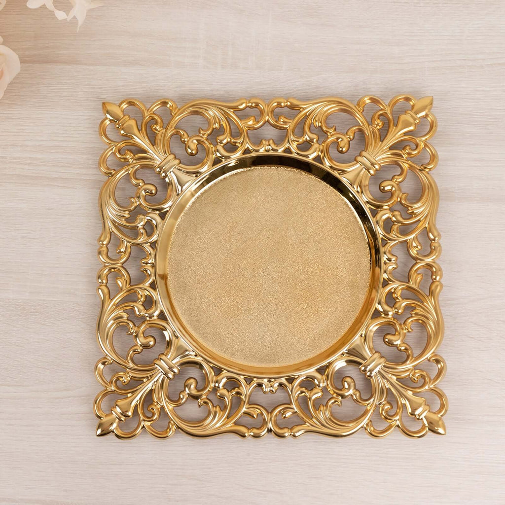6-Pack Acrylic Charger Plates 12" Square Gold with Hollow Lace Border - Event Tabletop Decorative Charger Tableware